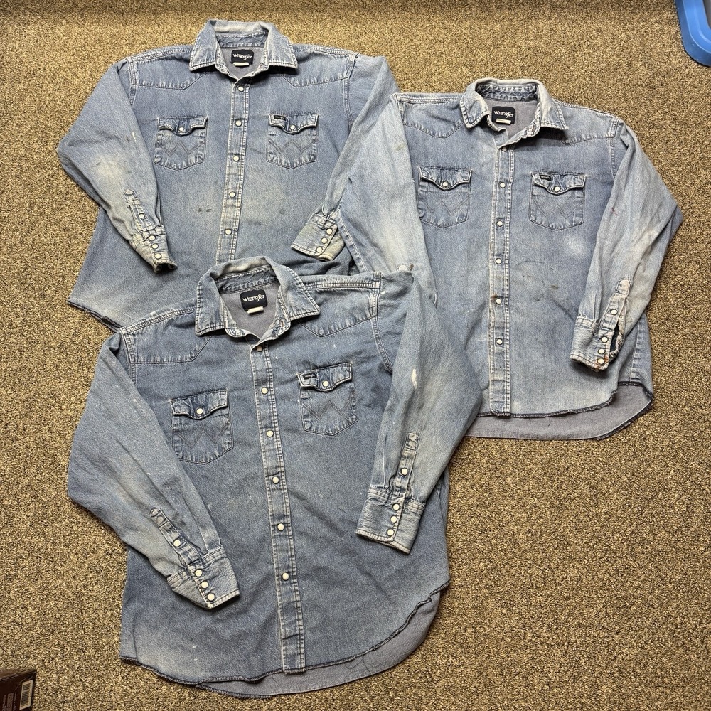 3 Wrangler Vtg Light Wash Denim Top Pearl Snap Distressed Western Yoke READ